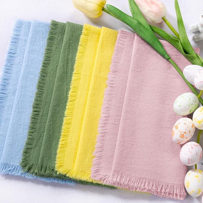 12 Pack Mixed Easter Color Cotton Linen Napkins with Fringe Easter Spring Cloth Napkins Set of 6 12 Boho Handmade Dinner Napkins Bulk for Wedding Bridal Baby Boy Shower Parties, 17 x 17