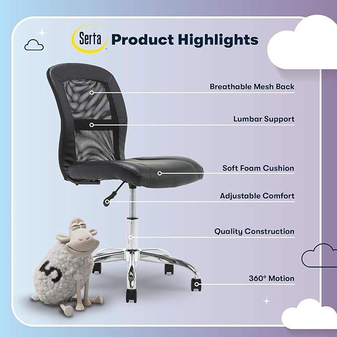 Serta Essential Armless TaskChair, Small Desk Chairs with Wheels, Breathable Mesh Back and Faux Leather, Quality Foam Cushion Seat for Comfort, Minimal Design for Vanity Table, Black