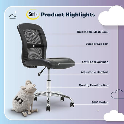 Serta Essential Armless TaskChair, Small Desk Chairs with Wheels, Breathable Mesh Back and Faux Leather, Quality Foam Cushion Seat for Comfort, Minimal Design for Vanity Table, Black