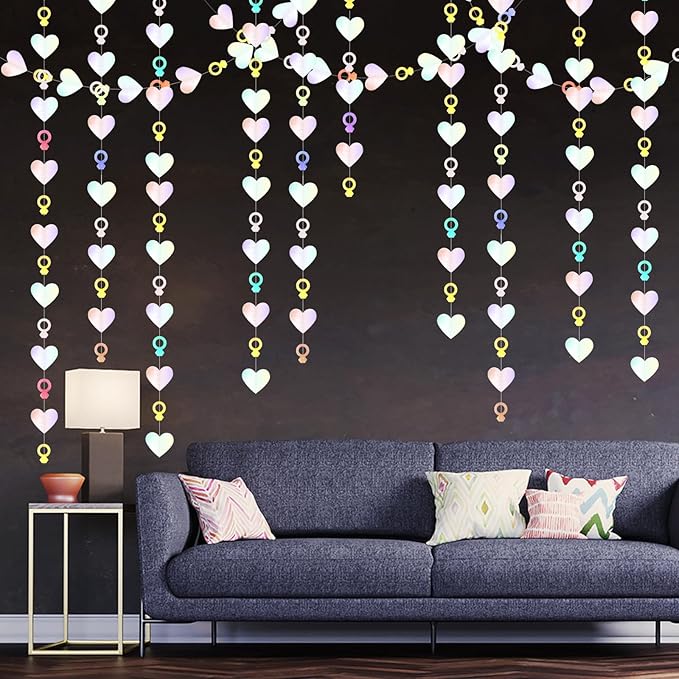 Engagement Bachelorette Party-Decorations Iridescent Heart-Ring Garland - 52Ft Holographic Disco Wedding Paper Streamers Banner,Galentines Proposal Decor Lasting Surprise