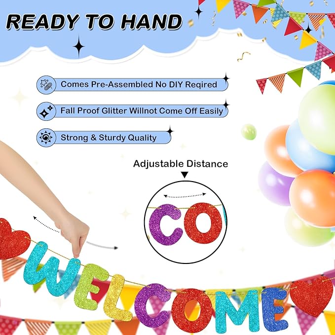Fulmoon Pre Strung Welcome to The Team Banner with Two Heart Signs, NO DIY, Glitter Welcome Party Supplies for New Employee, Coworker, Colleague, Staff, Team Member Office Decorations (Colorful)
