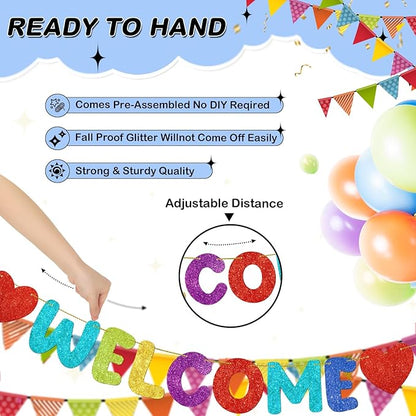 Fulmoon Pre Strung Welcome to The Team Banner with Two Heart Signs, NO DIY, Glitter Welcome Party Supplies for New Employee, Coworker, Colleague, Staff, Team Member Office Decorations (Colorful)
