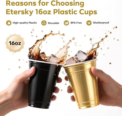 100PCS Black and Gold Plastic Cups, 16oz Disposable Party Cups Bulk Pack, BPA Free Drinkware for Soda Juice Beer Cold Drinks Suitable for Wedding Halloween Thanksgiving Christmas Birthday Celebrations
