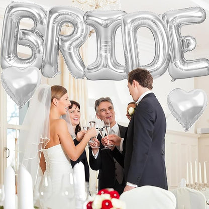 40inch Silver BRIDE Letter Balloons, Giant Silver Bride Foil Helium Balloon Banner with Heart Balloon for Bride to Be Wedding Engagement Bridal Shower Bachelorette Party Decoration