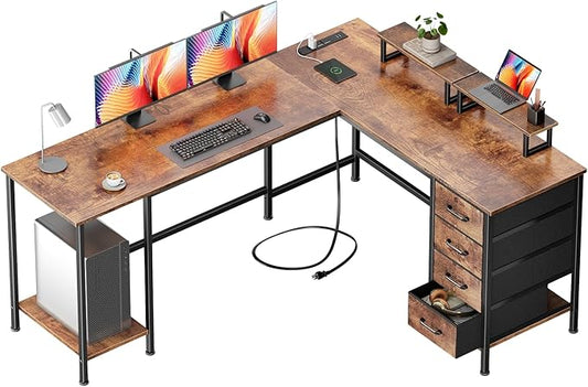 66" L Shaped Computer Desk with Power Outlets, Home Office Desk with 4 Adjustable Storage Drawers & 2 Monitor Stands, Large Two Person Gaming Table for Writing Study, Rustic Brown