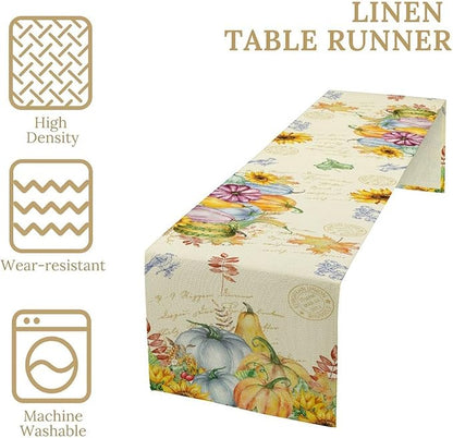 Fall Table Runner Watercolor Pumpkins Sunflowers Maple Leaves Baroque Floral Birds Country Thanksgiving Home Decor for Farmhouse Indoor Outdoor Party Holiday Dining Kitchen Restaurant Cafe W13xL108in