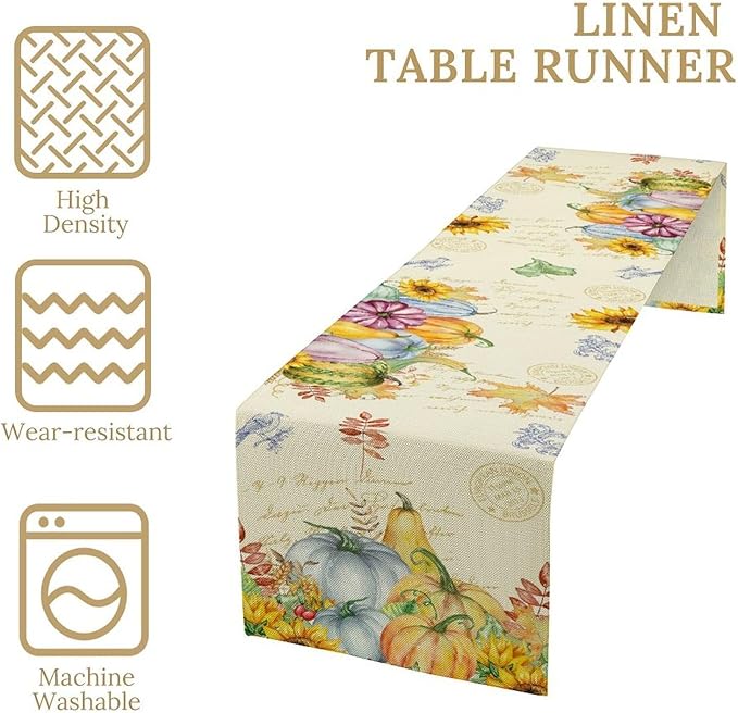 Fall Table Runner Watercolor Pumpkins Sunflowers Maple Leaves Baroque Floral Birds Country Thanksgiving Home Decor for Farmhouse Indoor Outdoor Party Holiday Dining Kitchen Restaurant Cafe W13xL60in