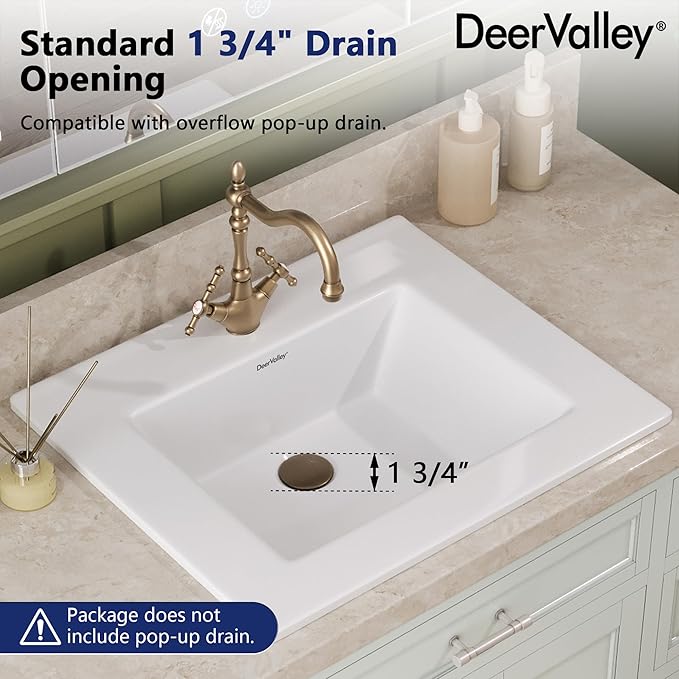 DeerValley Rectangle Drop-In Bathroom Sink 21x18 Inch, White Ceramic Vessel with Overflow and Pre-Drilled Faucet Hole