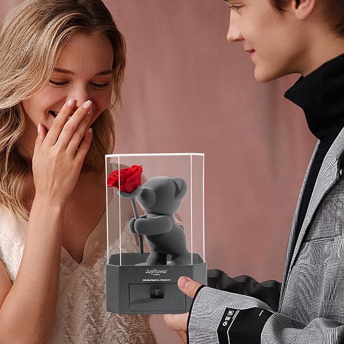 JoyFlower Preserved Flowers with Cute Teddy Bear, Eternal Real Rose Romantic Gift with Acrylic Cover & Gift Box for Girlfriend Wife Her in Valentine's Day, Birthday, Weddings, Anniversaries, Christmas