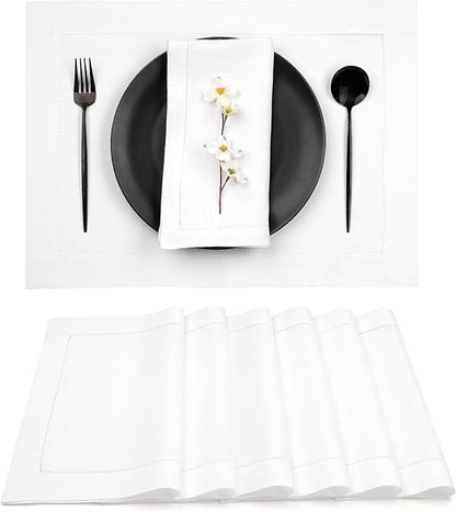 D'Moksha Homes White Linen Placemats Set of 6 - Classic Hemstitch Placemats 14 x 19 Inch - 100% Pure Linen Table Mats for Winter, Christmas, Holiday - Handcrafted and Machine Washable
