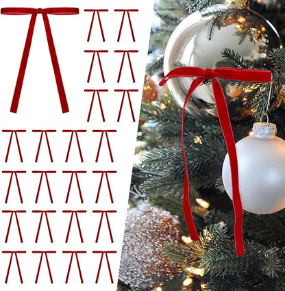 24 Pcs Red Velvet Christmas Tree Bows Door Garland Decor Vintage Wreath Bow (3/8'' Wide, 5 * 7 inch)