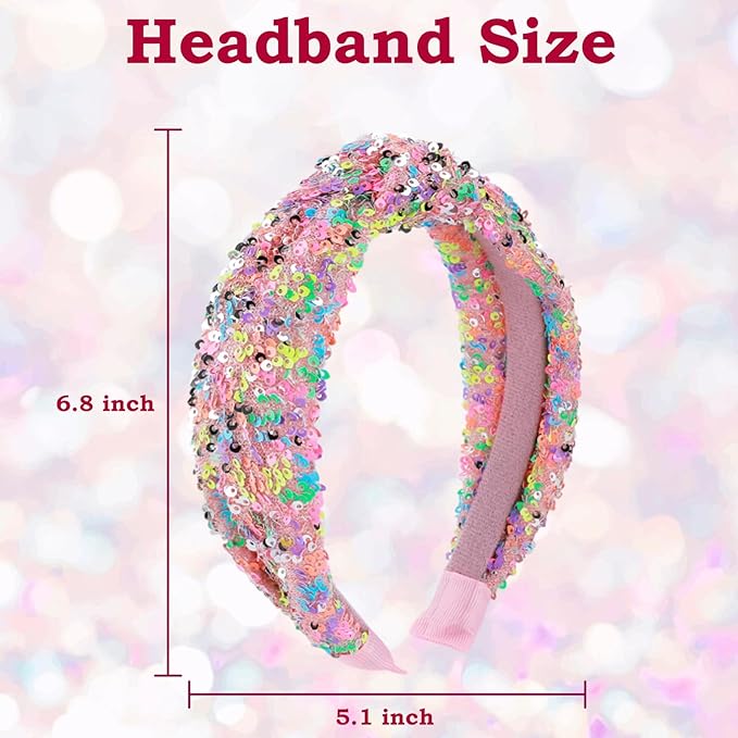 2Pcs Sequin Knotted Headband for Women, Sparkly Knotted Wide Hair Bands for Girls, Glitter Fashion Iridescent Headbands Hair Accessories Fancy Outfits for Party Birthday Prom