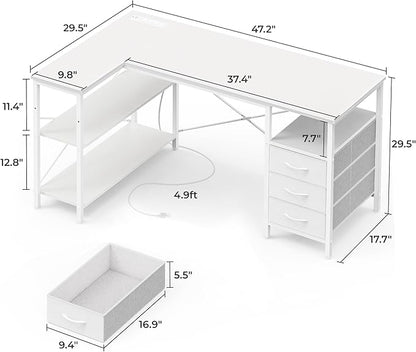 Huuger L Shaped Office Desk with Power Outlets, 47 Inch Computer Desk with 3 Drawers, Shelves, for Gaming, Corner Work, Home Office, Study, White