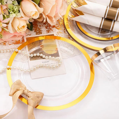 Liacere 350PCS Clear Gold Plastic Plates for 50 Guests Dinnerware Include 100 disposable Plates 150 Gold Silverware 50Napkins for Party & Wedding & New Year & Christmas