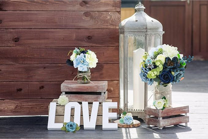Artificial Flowers Combo Box Set,Silk Fake Flowers Roses Bridal Bouquets Out/Indoor DIY Centerpieces White Flowers for Decoration Arrangements Party Baby Shower Home Cake Decor (White&Blue)