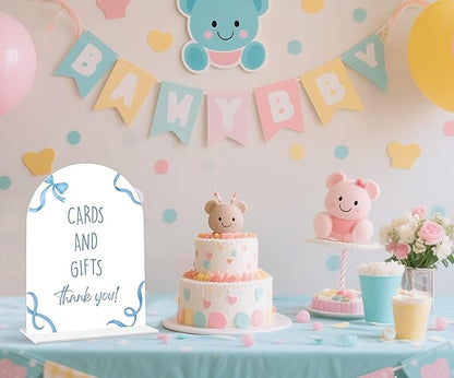 Cards and Gifts Sign - Blue Bow Baby Shower Sign, 1 Pack Arch Acrylic Sign with Stand, Gender Reveal Party Table Decor, Blue Baby Shower Supplies (SP09)