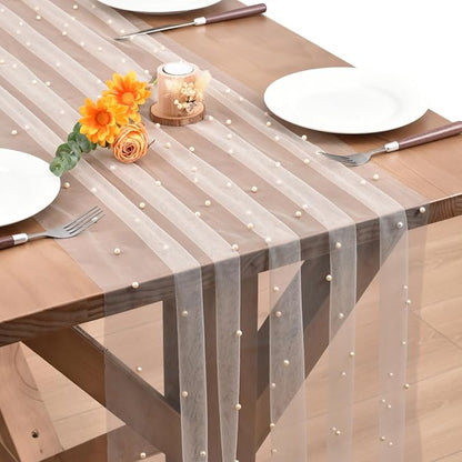 Light Peach Pearl Fall Thanksgiving Table Runner Boho Rustic Tulle Lace Table Runner for Baby Shower Wedding Arch Decor Veil Dessert Table Decor
