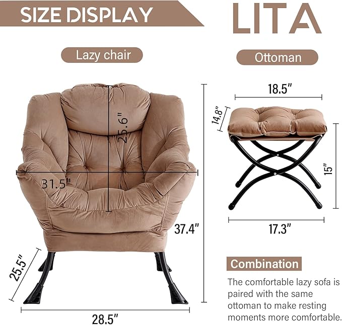 LITA Lazy Chair with Ottoman, Modern Accent Leisure Upholstered Sofa Chair, Contemporary Lounge Reading Chairs with Armrests and a Side Pocket for Living Room, Bedroom & Small Space, Dark Brown