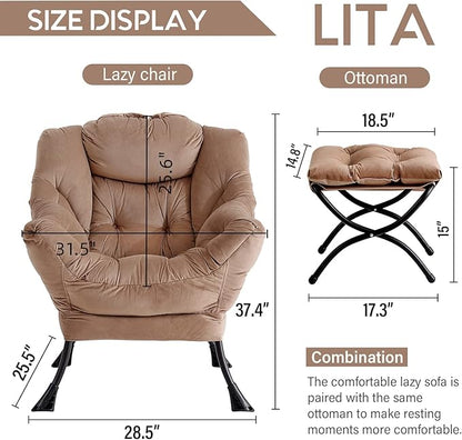 LITA Lazy Chair with Ottoman, Modern Accent Leisure Upholstered Sofa Chair, Contemporary Lounge Reading Chairs with Armrests and a Side Pocket for Living Room, Bedroom & Small Space, Dark Brown