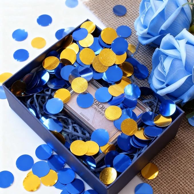 Blue and Gold Circular Foil Confetti Decorations: Party Table Metallic Confetti for Balloon Filling, Wedding, Graduation Party Decorations, 100g per Pack