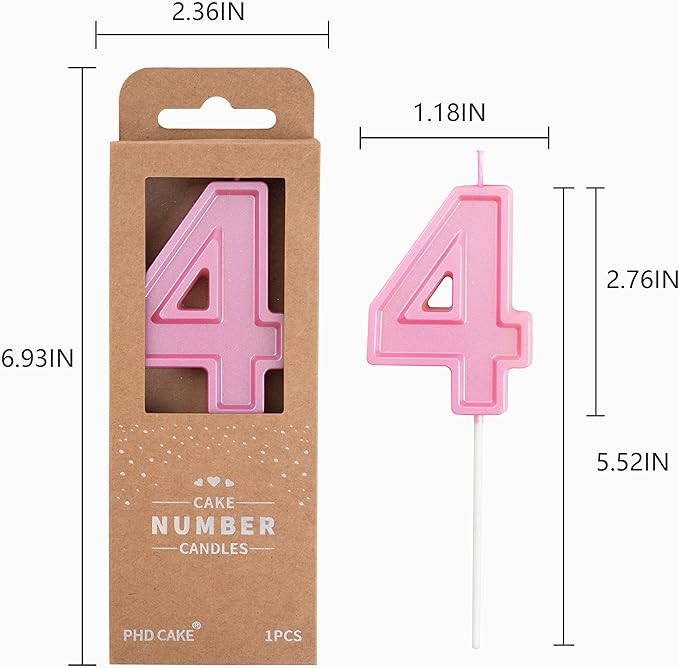 PHD CAKE 2.76 Inch Luxe Pink 4 Number Birthday Candles, Pink Number Candles, Cake Number Candles, Party Celebration