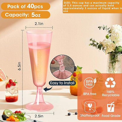 SUREHOME Pink Champagne Flutes Plastic Champagne Glasses Disposable Mimosa Glasses 40 Pack 5 Oz Acrylic Stemware Cocktail Cups Bulk for Valentines Wedding Toasting Engagement Party Supplies