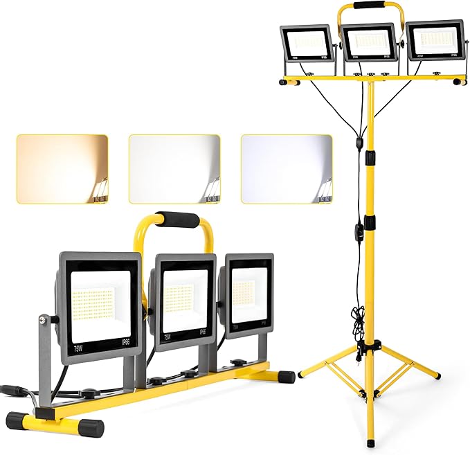 3-in-1 Color Work Lights with Stand, 22500Lm Head LED Work Light, with Adjustable and Foldable Tripod Stand, Waterproof Lamp with 3000 5000 6500 Kelvin Color Temperature