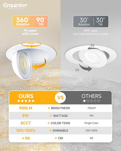Ensenior 6 Pack 4 inch 5CCT LED Gimbal Led Recessed Light with Junction Box, 360°+90° Adjustable Directional Eyeball Lighting, Dimmable, 2700K/3000K/3500K/4000K/5000K, 900LM, 9W=85W, 120V-ETL&FCC