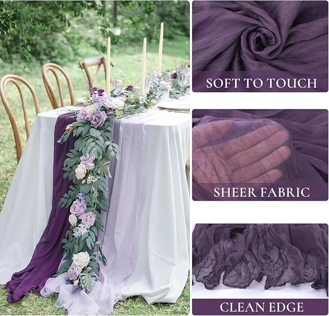 3 Pack 10FT Dark Purple Cheesecloth Table Runner 35x120 Inch Boho Gauze Table Runner Rustic Cheese Cloth Long Romantic Table Runners for Wedding Bridal Shower Birthday Party Table Decor (Grape)
