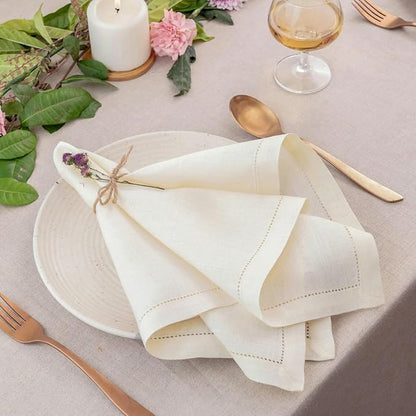 D'Moksha Homes Ivory Linen Napkins Set of 8 - Classic Hemstitch 100% Pure Linen Hemstitch Dinner Napkins 20 x 20 Inch for Winter, Christmas, Holiday - Handcrafted and Machine Washable