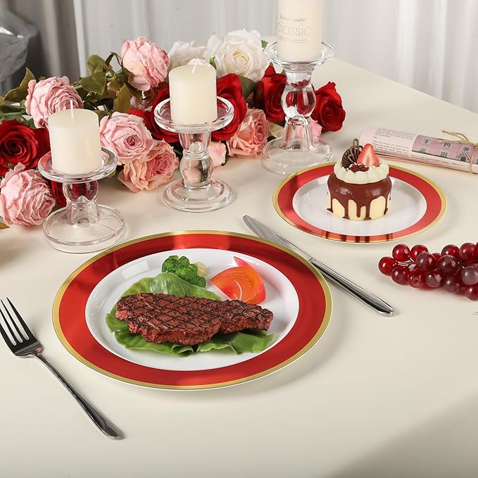100Pack Plastic Plates Disposable Heavy Duty for Christmas Include 50PCS 10.25inch Dinner plates and 50PCS 7.5inch Dessert Plastic Plates for Party Wedding Birthday New Year,Red