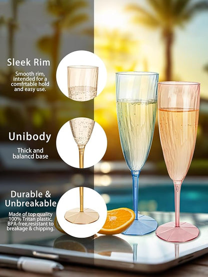 WDF 12PCS Colorful Plastic Champagne Flutes - 6 OZ Colorful Disposable Champagne Flutes - Perfect for Wedding/Parties/Birthday