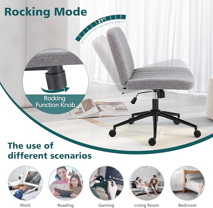 OLIXIS Criss Cross Chair with Wheels Wide Cross Legged Office Desk Vanity Chair Comfy Fabric Armless Adjustable Swivel for Home Computer Task Gray