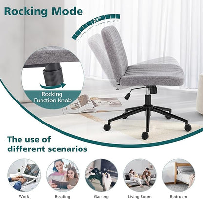 OLIXIS Criss Cross Chair with Wheels Wide Cross Legged Office Desk Vanity Chair Comfy Fabric Armless Adjustable Swivel for Home Computer Task Gray