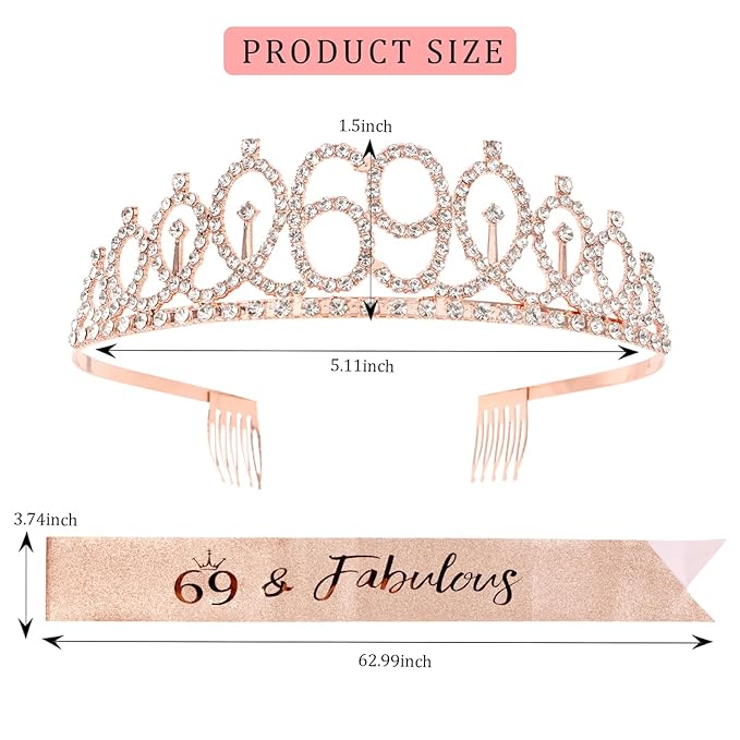 CIEHER 69th Birthday Crown + 69th Birthday Sash + Pearl Pin Set, 69 & Fabulous Birthday Sash, 69 Birthday Tiara, 69th Birthday Decorations for Women, 69th Birthday Gifts