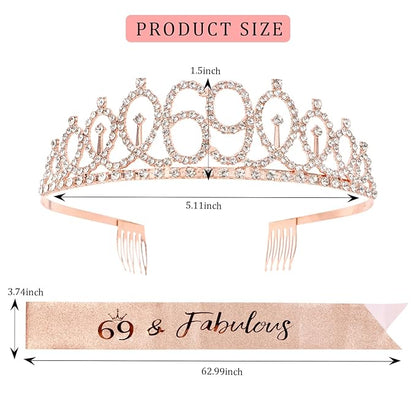 CIEHER 69th Birthday Crown + 69th Birthday Sash + Pearl Pin Set, 69 & Fabulous Birthday Sash, 69 Birthday Tiara, 69th Birthday Decorations for Women, 69th Birthday Gifts
