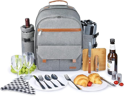 Sunflora Insulated Picnic Backpack for 2 Person Bag with Cooler Compartment, Wine Pouch, Blanket and Stainless Steel Cutlery Set for Couple, Lovers and Friends (Grey)