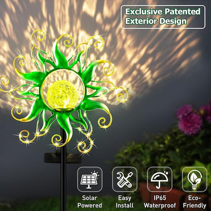 Solar Garden Lights Outdoor, Green Metal Sun Stake with 30 LED Waterproof Vine String Crackle Glass Spring Decor for Patio,Yardr,Lawn Gardening Birthday Gifts