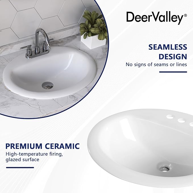 DeerValley 20x17 Inch Oval Ceramic Drop-in Bathroom Sink, White Vessel Sink with Overflow and Three Faucet Holes at 1.25-inch Centers, Modern Art Basin, DV-1DS0120
