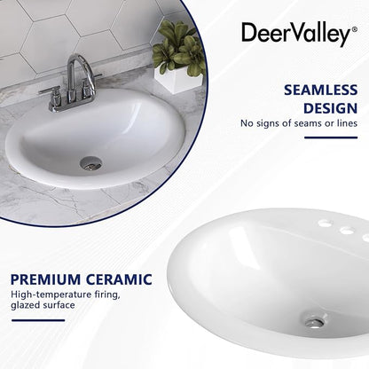 DeerValley 20x17 Inch Oval Ceramic Drop-in Bathroom Sink, White Vessel Sink with Overflow and Three Faucet Holes at 1.25-inch Centers, Modern Art Basin, DV-1DS0120