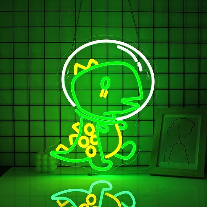 Dinosaur Neon Sign, JGHTURIE Animal Led Neon Signs for Wall Decor Astronaut Dinosaur Green Light Up Sign Game Room Kids Boys Bar Signs for Man Cave Decor USB Powered