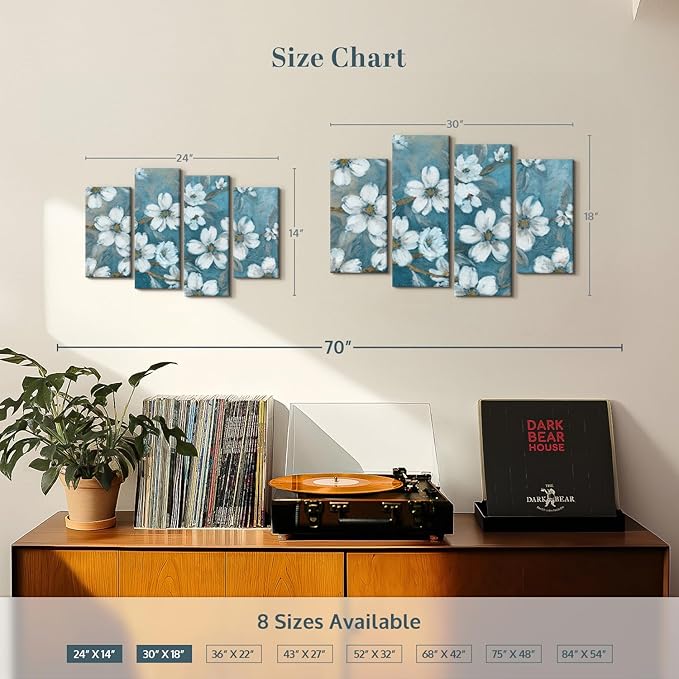 Elephant Stock Blossoms Of Evening Wall Art - Horizontal Canvas - 4-Piece Living Room Wall Decor - Blossom Painting Canvas Print - Blue and Gray Decor for Wall by Carol Robinson - 24" X 14"