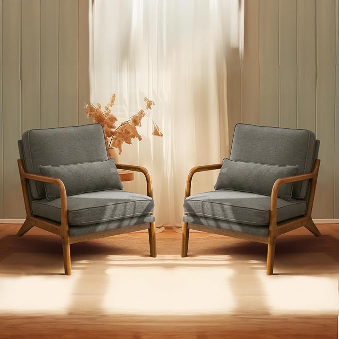 Bonnlo Linen Dark Grey Accent Chairs Set of 2, Upholstered Mid Century Modern Lounge Chairs Reading Chairs Side Sitting Chair Solid Wood Farmhouse Armchairs for Living Room, Bedroom, Guest Room