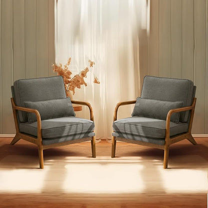 Bonnlo Linen Dark Grey Accent Chairs Set of 2, Upholstered Mid Century Modern Lounge Chairs Reading Chairs Side Sitting Chair Solid Wood Farmhouse Armchairs for Living Room, Bedroom, Guest Room