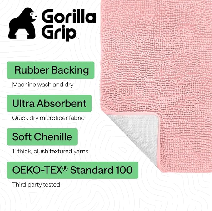 GORILLA GRIP Bath Rug Mat 36x24, Soft Absorbent Chenille, Quick Dry Microfiber Mats, Rubber Backing Washable Shower Floor Rugs, Bathmat Runner, US Designed Bathroom Home Decor Accessories Light Pink