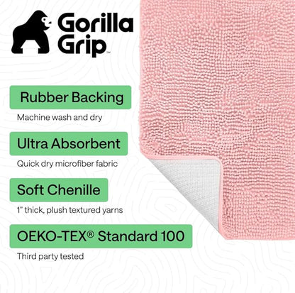 GORILLA GRIP Bath Rug Mat 36x24, Soft Absorbent Chenille, Quick Dry Microfiber Mats, Rubber Backing Washable Shower Floor Rugs, Bathmat Runner, US Designed Bathroom Home Decor Accessories Light Pink