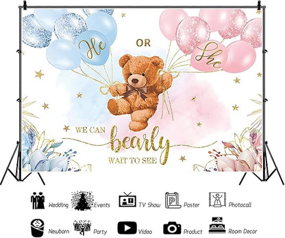 10x6.5ft Gender Reveal Backdrop Baby Bear Boy or Girl Photography Background Baby Shower Party Blue and Pink Banner Decorations Supplies Photo Booth Props