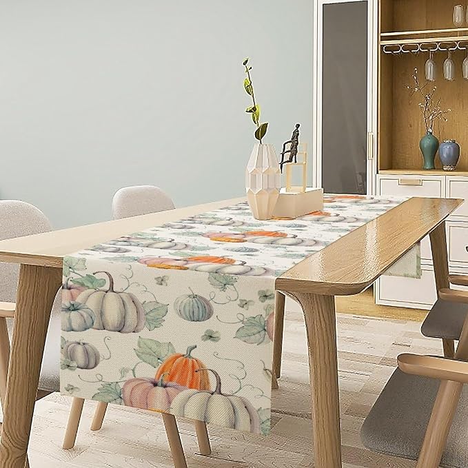 Fall Pumpkin Table Runner Vintage Leaves Plant Motifs Thanksgiving Theme Watercolor Illustration Home Decor for Farmhouse Indoor Outdoor Party Holiday Dining Kitchen Restaurant Cafe W13xL108in