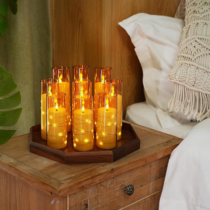 Raycare Flameless Candle with Remote Timer – 9 Flickering Acrylic Battery Operated LED Pillar Candles with Embedded Star String for Christmas, Home Decor, and as a Gift(Glod)