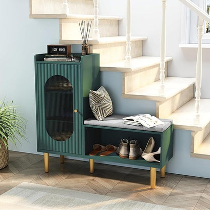 HLR Storage Bench with Glass Door&Shelf, Modern Entryway Shoe Cabinet Bench with Padded Seat, Green L-Shaped Storage Cabinet for Hallway, Bedroom, Living Room, Office